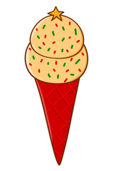 Ice cream cone clipart.Hand drawn ice cream in red cone decorate with green and red sugar sprinkles and  star.