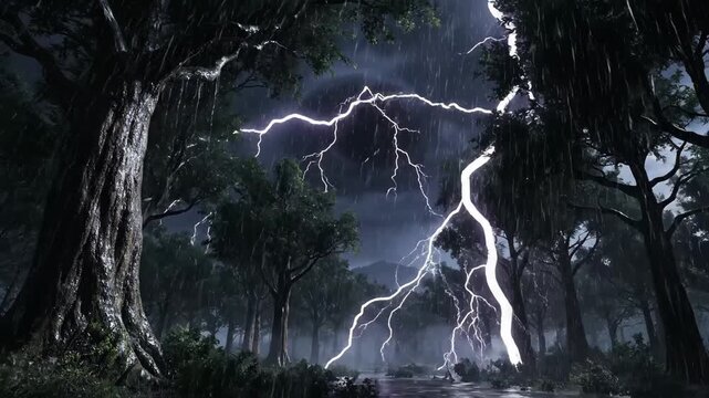 Dramatic lightning strikes illuminate a dark forest landscape during a powerful thunderstorm with heavy rain and dynamic weather patterns