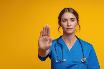 Serious Female Nurse Showing a Stop Hand Gesture on a Yellow Background