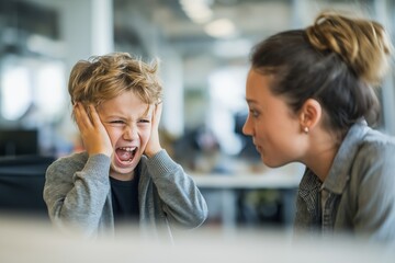 Angry Boy Screaming and Covering His Ears During a Family Argument