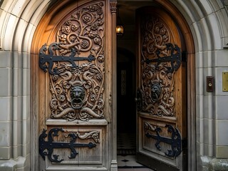 Ornate Wooden Carved Door with Dragon and Lion Motifs in Gothic Style