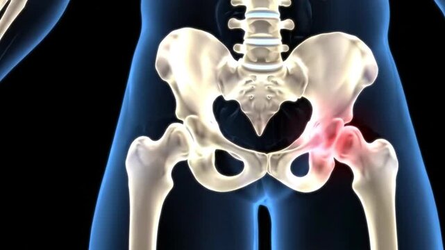Anatomical illustration showing hip joint pain and skeletal structure with blue background and black space