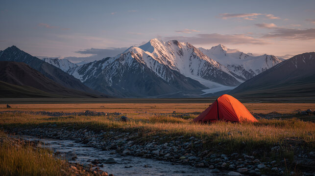 sunset scenery of snow-capped mountains and tents in winter