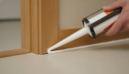 Applying sealant with a caulk gun to a baseboard joint for a clean finish