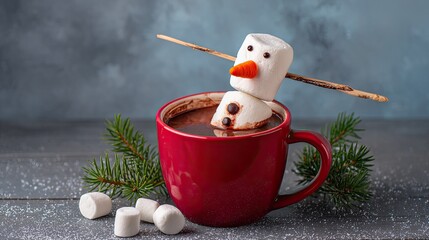 a red mug of hot chocolate with two marshmallows in the shape of snowmen