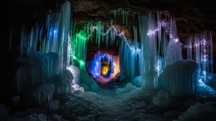 Discover a stunning ice cave illuminated with vibrant lights, perfect for winter travel ads or unique holiday promotions and magical experiences