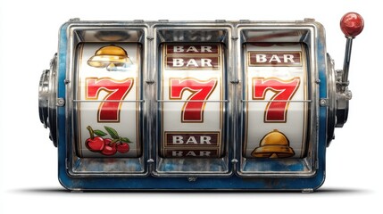 A vintage slot machine with three reels features classic symbols like cherries and bars. The machine is located in a lively gaming venue inviting players to try their luck.
