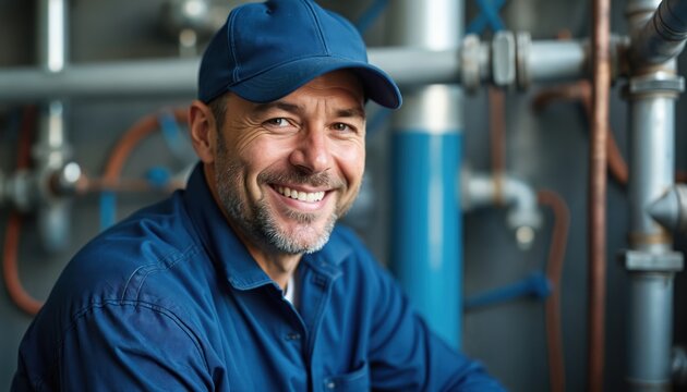 Happy pro plumber in blue uniform, cap smiles looking at camera. Confident middle-aged handyman poses in boiler room. Skilled worker provides household maintenance, plumbing repair service for water