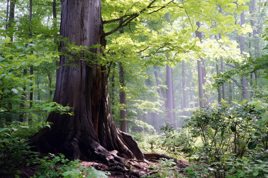Old big tree in the green forest. Nature background with copy space
