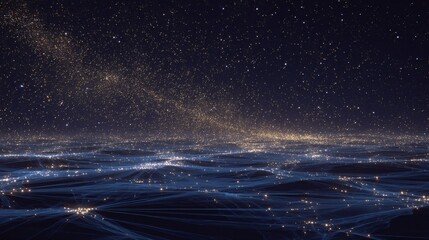 Night cityscape with glowing lights and a starry sky above.