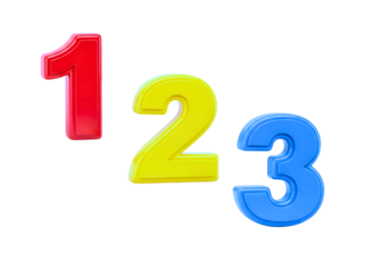 Colorful plastic numbers one two three isolated on transparent background