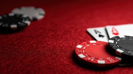 Players prepare for an exciting round of poker as red and black chips scatter across a soft felt table with playing cards revealing high stakes. The atmosphere is tense and thrilling.