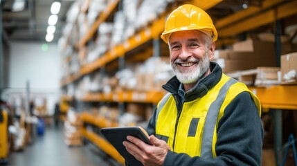 A cheerful warehouse worker wearing a safety helmet and reflective vest stands in a well stocked storage area using a tablet to check inventory and communicate.