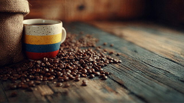 Coffee cup with Colombian flag colors surrounded by roasted coffee beans on a rustic wooden table