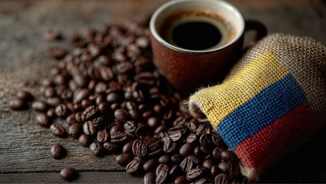 
Colombian coffee cup with roasted coffee beans and national flag fabric on rustic wooden table.