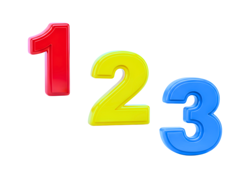 Colorful plastic numbers one two three isolated on transparent background