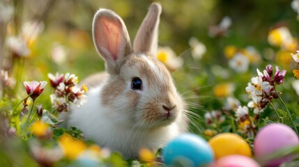 A small rabbit sits among bright flowers and pastel colored eggs in a sunny spring garden. The scene captures the joy of Easter celebrations and nature's beauty.