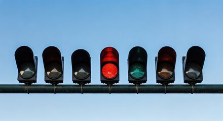Traffic lights showing red, against a clear blue sky