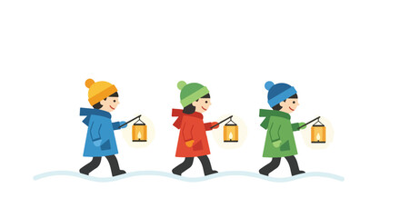 Fototapeta premium Three children in winter coats and hats walking in the snow carrying lanterns