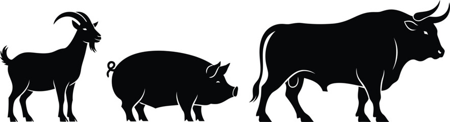 Silhouette illustration of farm animals goat pig and bull standing in a row on a white background for agricultural themes