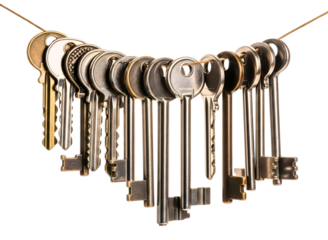 Collection of old metal keys hanging on a string isolated on transparent background