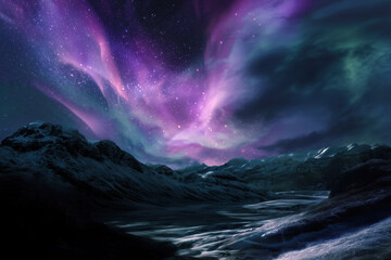 Fantasy landscape with aurora borealis in the night sky.
