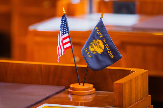 Close-Up of Oregon and USA Flags at the Legislative Building