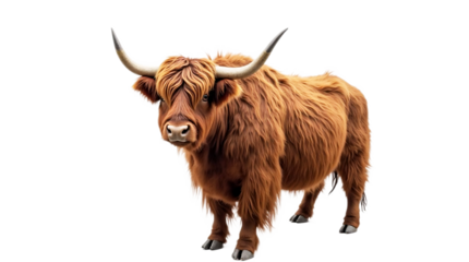 Isolated brown Scottish Highland cow with long horns on a white background