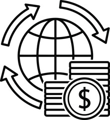 Global finance and currency exchange a world of money flowing around the globe represented by a globe and a stack of coins with dollar sign