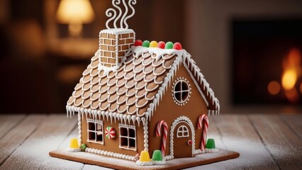 Delightful gingerbread house evokes warm Christmas memories and holiday cheer, perfect for seasonal marketing and cozy family moments by the fire