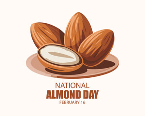 Obraz premium National Almond Day poster vector illustration. Pile of almonds icon vector. Whole and halved almonds drawing. Template for background, banner, card. February 16 every year.