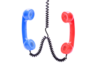 Two vintage telephone receivers blue and red isolated on transparent background