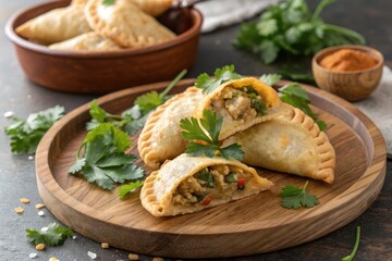 Delicious Empanadas With Fresh Herbs Served on a Wooden Plate