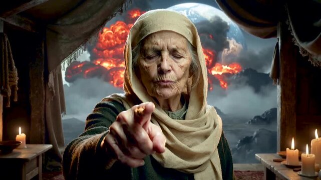 An old woman clairvoyant with closed eyes speaks about the future