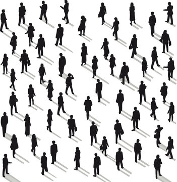 Black silhouettes of diverse people walking and standing casting shadows