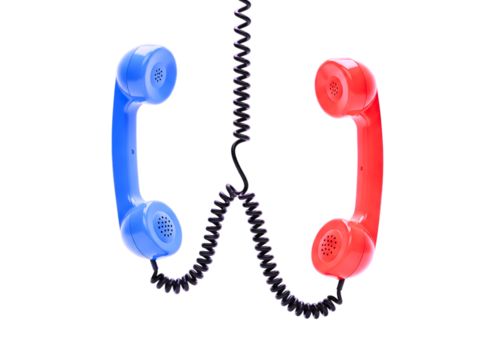 Two vintage telephone receivers blue and red isolated on transparent background