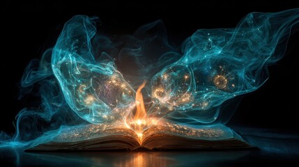 A mystical book opens, releasing vibrant swirls of light and energy, creating an enchanting scene filled with magic and wonder.