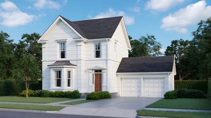 Modern White Suburban House With Double Garage And Green Front Lawn
