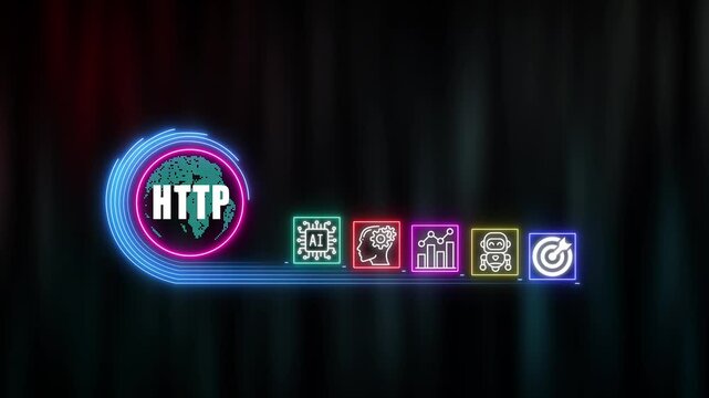 HTTP shows glowing neon line banner of  concept with icons of responsibility, customers, integrity, goals, teamwork, commitment and innovation on virtual screen. technology background