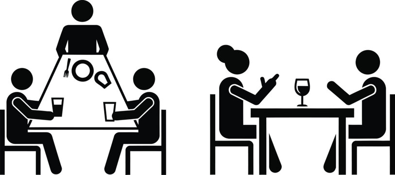 Black and white pictogram depicting two groups of people socializing at tables with drinks and engaging in conversation in a simple style
