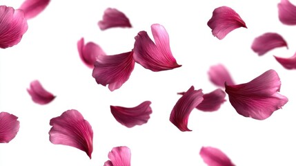 Fototapeta premium Soft pink flower petals float gracefully through the air against a white background evoking a serene and peaceful feeling. This natural display creates a calming scene.