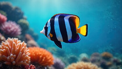 Striped angel fish swims near colorful coral reef in clear blue ocean water. Marine life swims in sunlit sea, aquatic ecosystem. Underwater nature scene in tropical lagoon.
