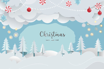 Paper cut christmas scene with snow covered trees and festive decorations