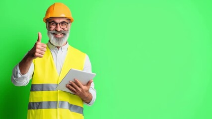 Professional engineers collaborating and analyzing project details using digital tablet on green screen background. At active construction site, wearing safety vest industrial development plans chroma