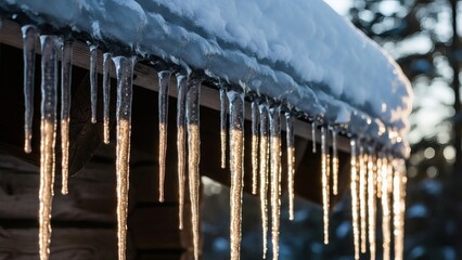 Beautiful shimmering icicles hang from a snow covered roof during a cold winter day creating a magical scene for winter holiday designs