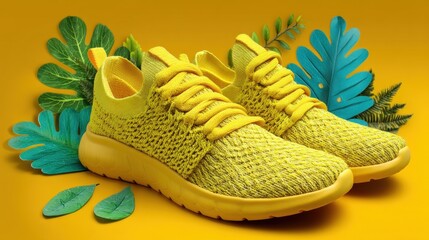 These bright yellow sneakers feature a lightweight design and are surrounded by tropical green leaves. The vivid colors create a fresh and energetic vibe perfect for active lifestyles.