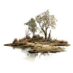 Beautiful small island surrounded by calm water in a serene natural setting during daytime featuring lush vegetation and clear reflections on the surface