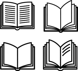 Set of open book icons in simple black and white outline style representing education reading knowledge and literature for various creative projects