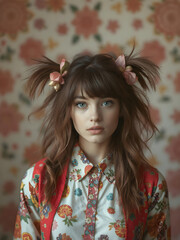 Musa adorable con coletas despeinadas y vestimenta colorida en ambiente artístico