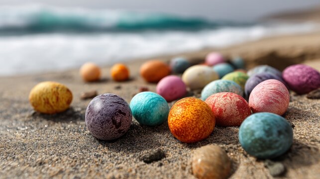 Brightly colored eggs rest on the sandy beach with gentle ocean waves in the background. The scene captures the cheerful spirit of a spring day at the shore.